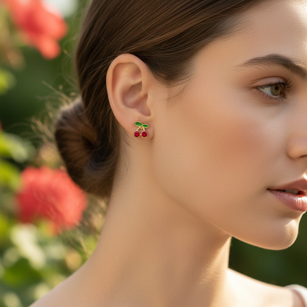Woman wearing Mini Red Cherry Earrings