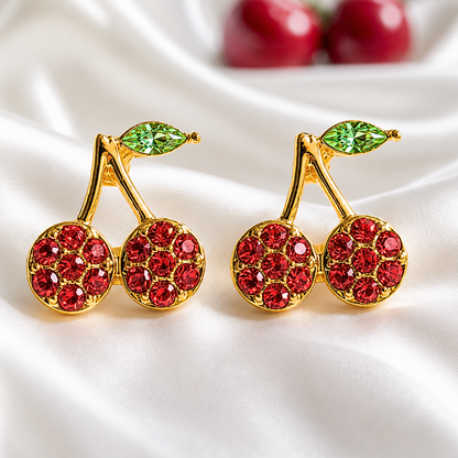 Mini Red Pavé Cherry Earrings on white satin