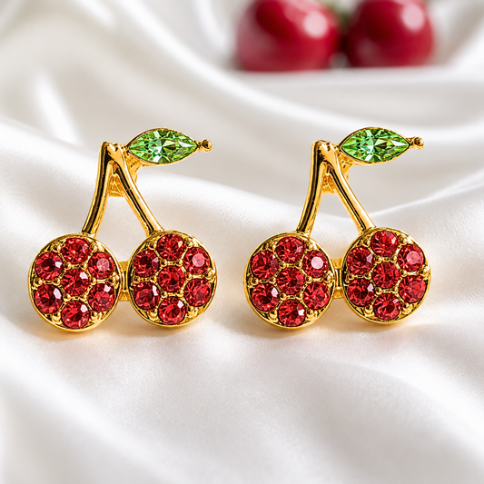 Mini Red Pavé Cherry Earrings on white satin