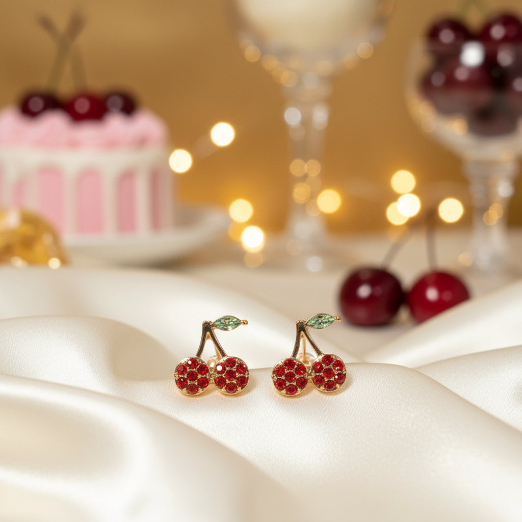 Mini Red Pavé Cherry Earrings with dessert setting