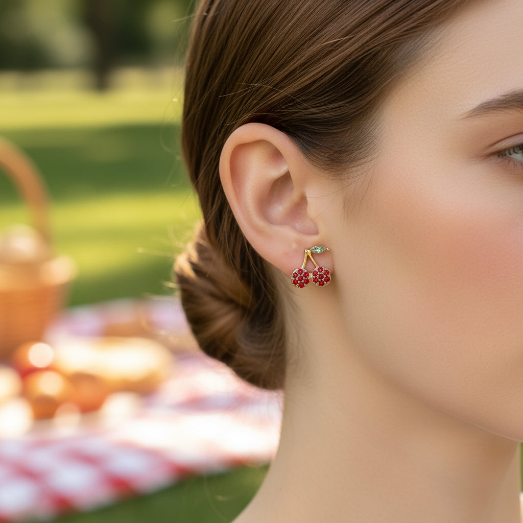 Woman wearing Mini Red Pavé Cherry Earrings