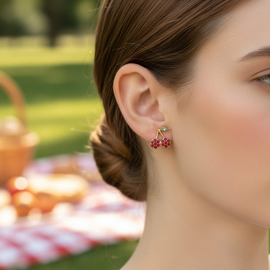 Woman wearing Mini Red Pavé Cherry Earrings