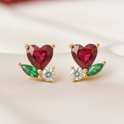 Mini Ruby Heart Blossom Earrings