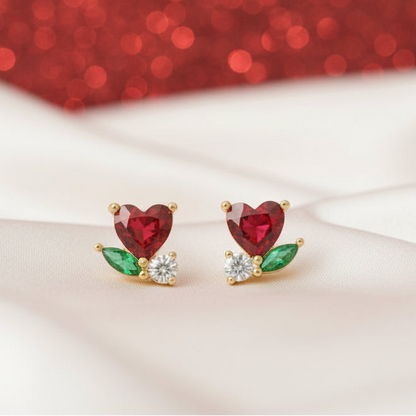 Mini Ruby Heart Blossom Earrings