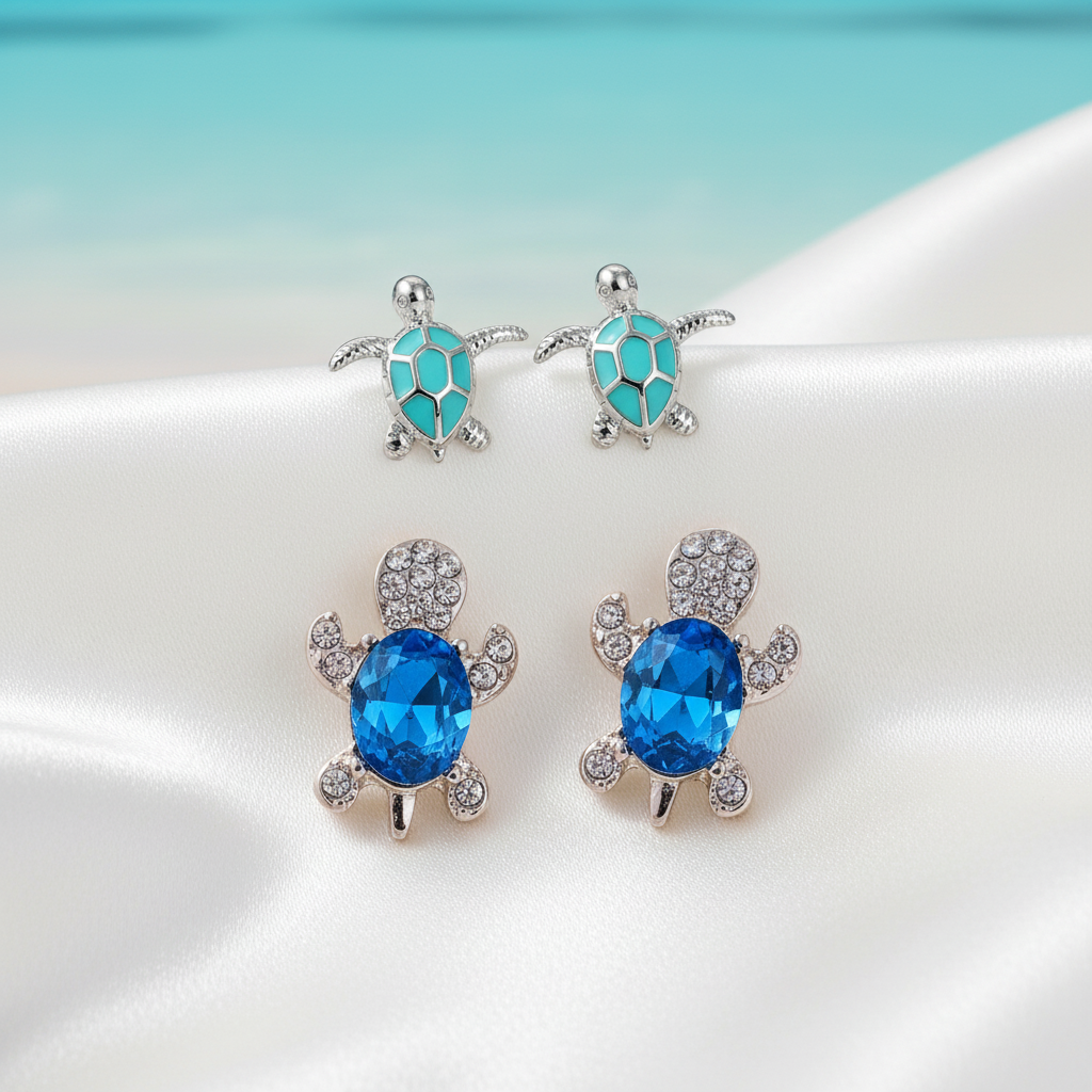 Ocean Blue & Turquoise Sea Turtle Earrings Bundle on a white background