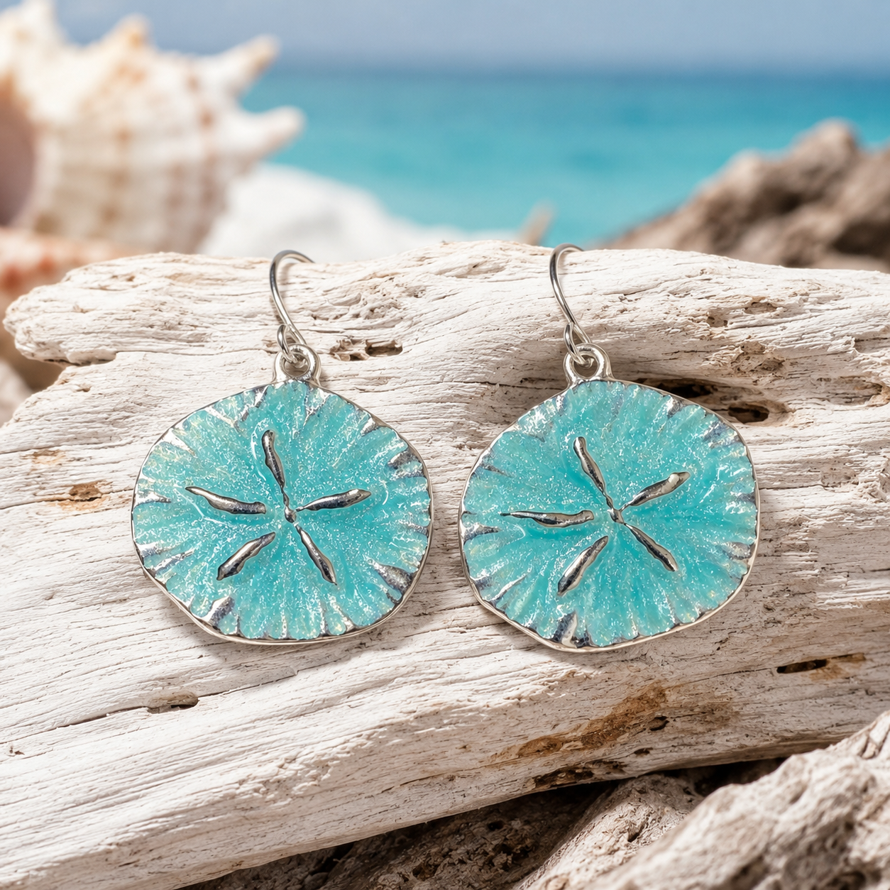 Ocean Mist Sand Dollar Earrings on a piece of driftwood with a beach background