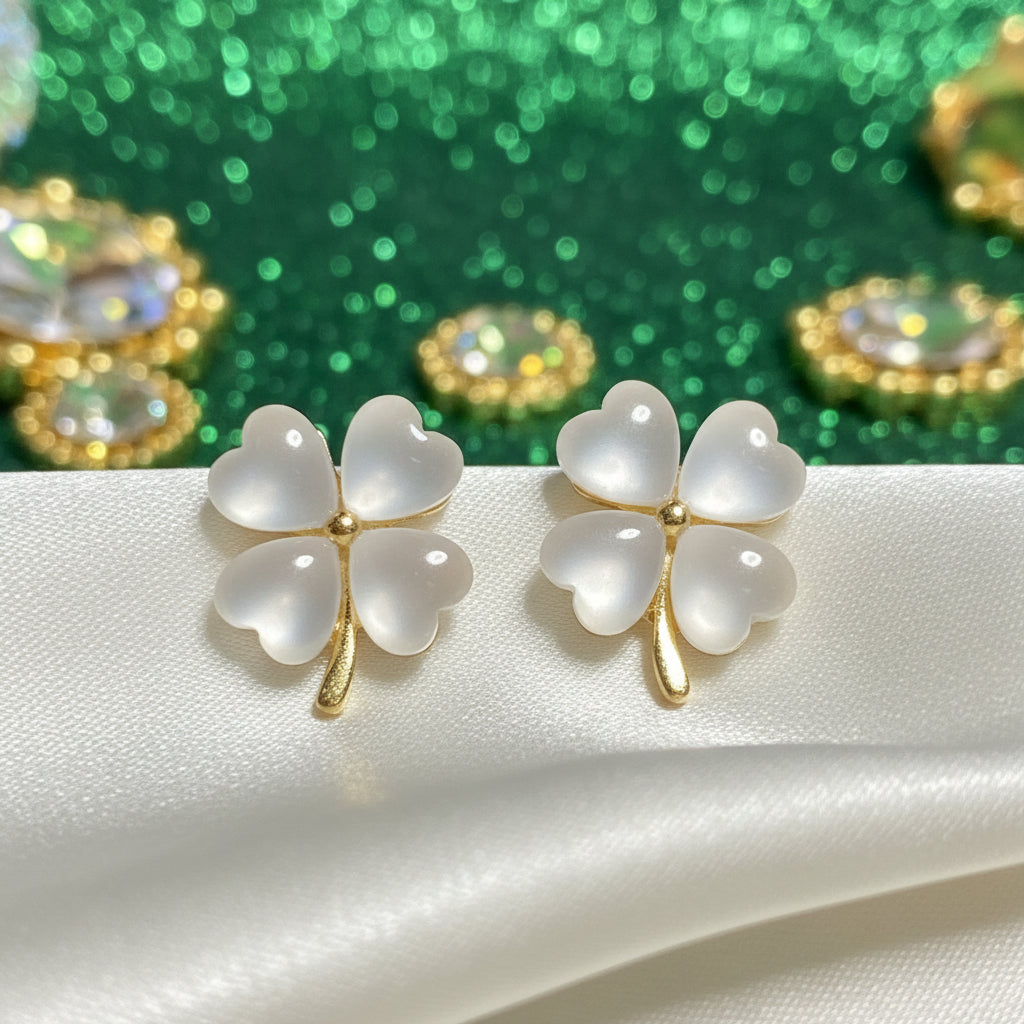 Opalescent Clover Earrings on white and green