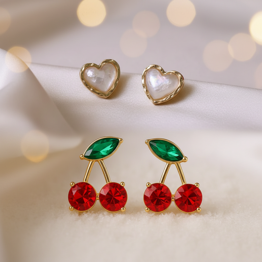 Opalescent Heart & Cherry Gemstone Earrings Bundle on a white background