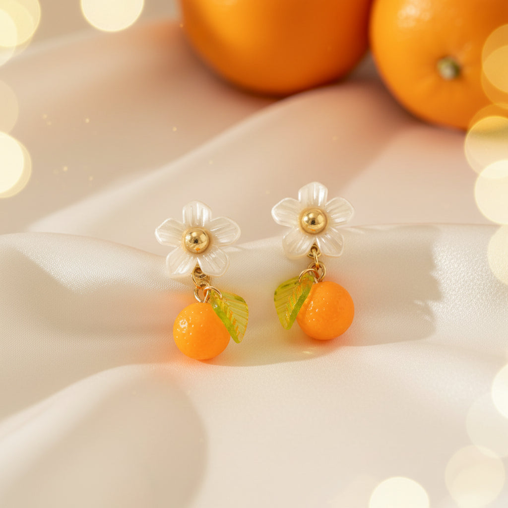 Orange Blossom Dangle Earrings on a beige background.