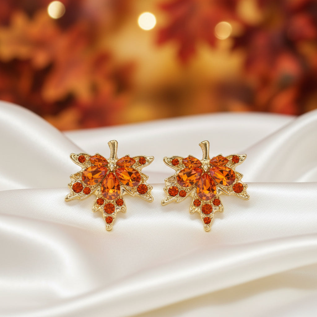 Orange Crystal Maple Leaf Earrings