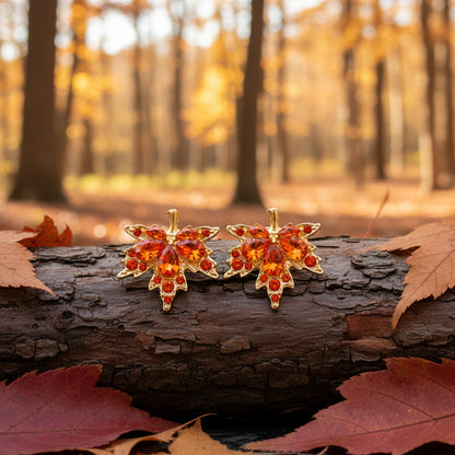 Orange Crystal Maple Leaf Earrings on tree
