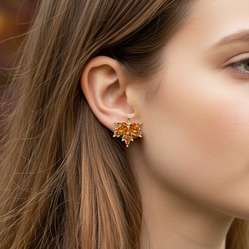 Orange Crystal Maple Leaf Earrings