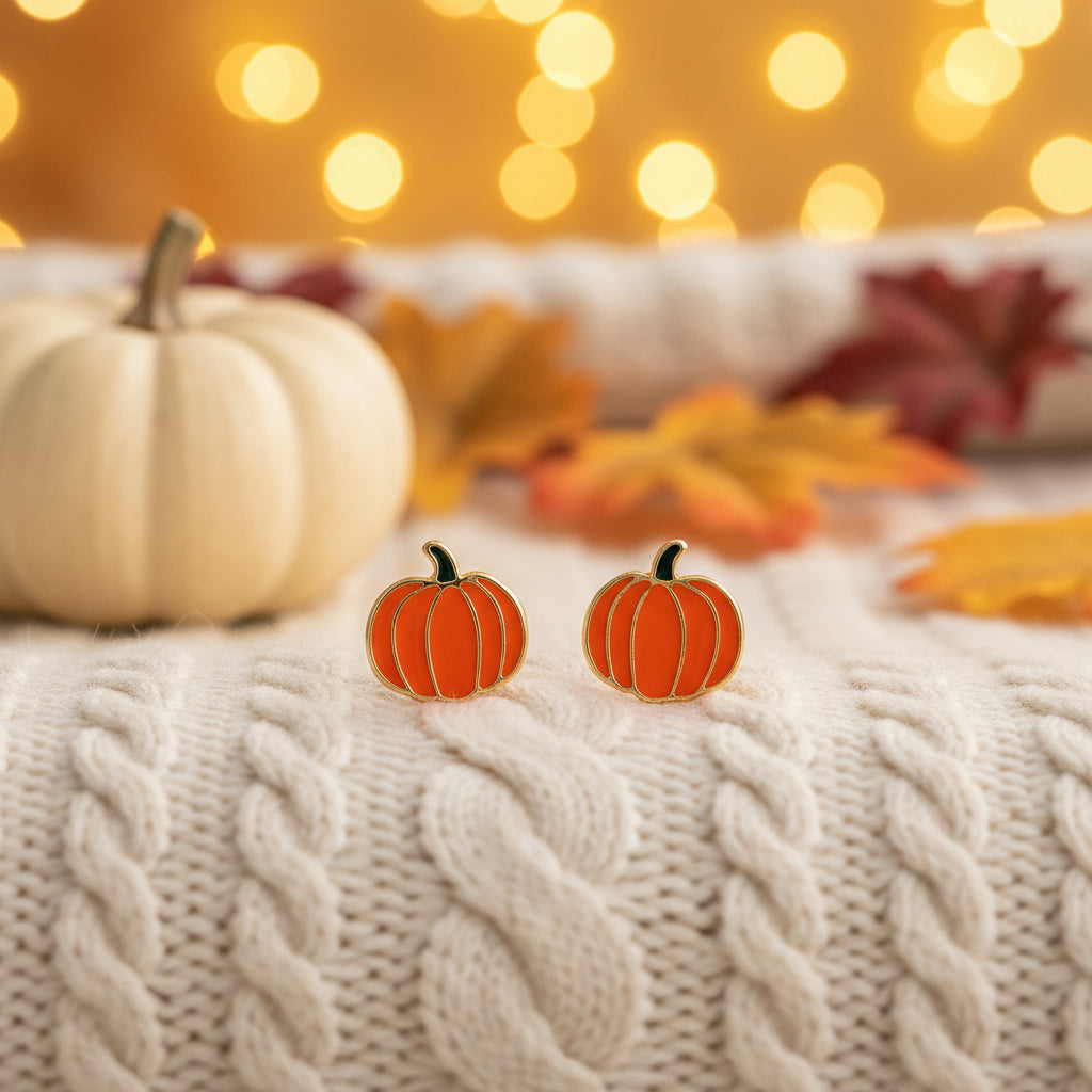 Orange & Gold Pumpkin Earrings on white sweater