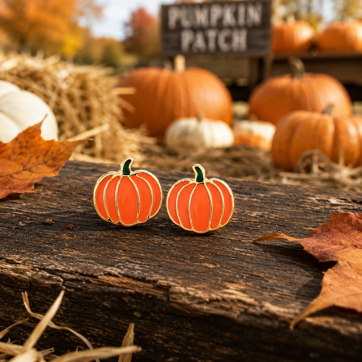 Two Orange & Gold Pumpkin Earrings are displayed on a rustic wooden surface in an autumn outdoor setting with pumpkins, hay, and fall leaves.