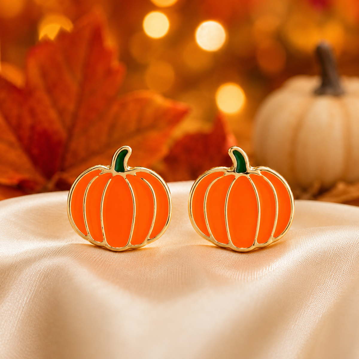 A pair of Orange & Gold Pumpkin Earrings, displayed on cream satin fabric with autumn leaves and a blurred pumpkin in the background.