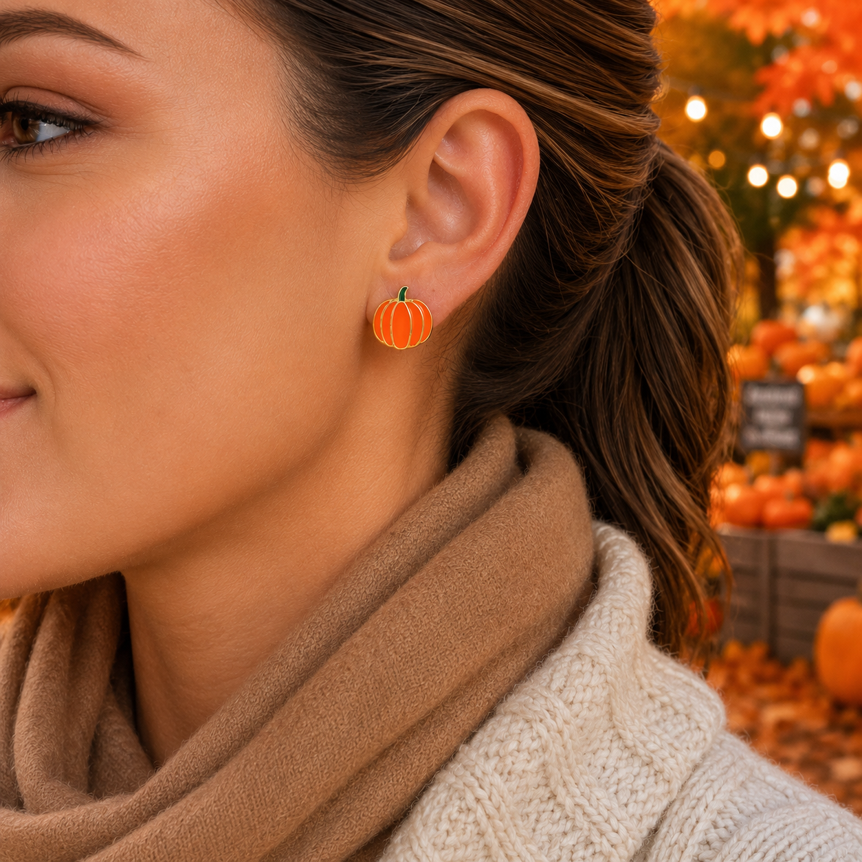 A close-up lifestyle shot of a woman wearing an Orange & Gold Pumpkin Earring, set against a warm autumn outdoor background with pumpkins and bokeh lights.