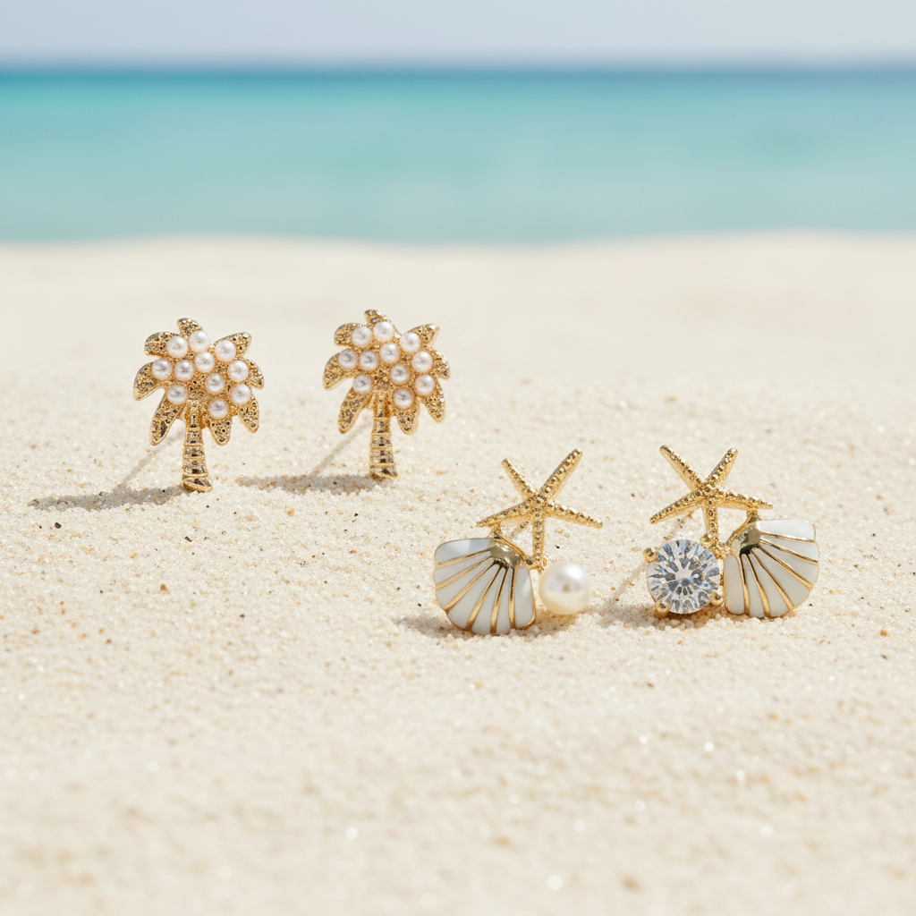 Palm Tree & Pearl Starfish Earring Set on beach