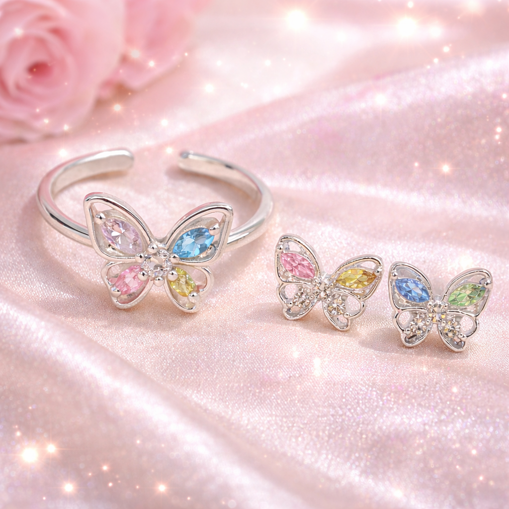 Pastel Butterfly Adjustable Ring & Earrings Bundle on pink