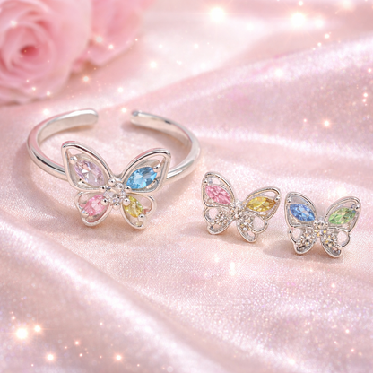 Pastel Butterfly Adjustable Ring & Earrings Bundle on pink