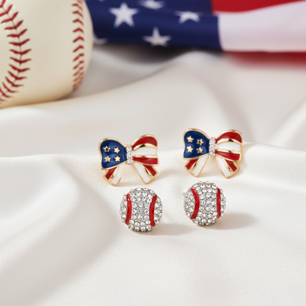Patriotic Baseball & Flag Bow Earring Set on a white background with baseball and USA flag