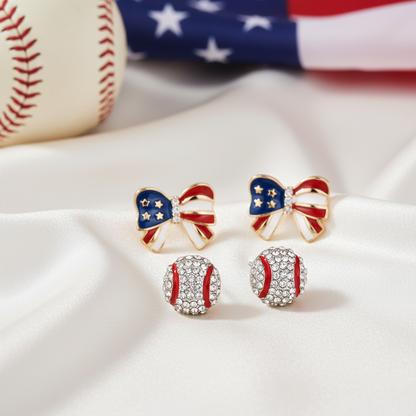 Patriotic Baseball & Flag Bow Earring Set on a white background with baseball and USA flag