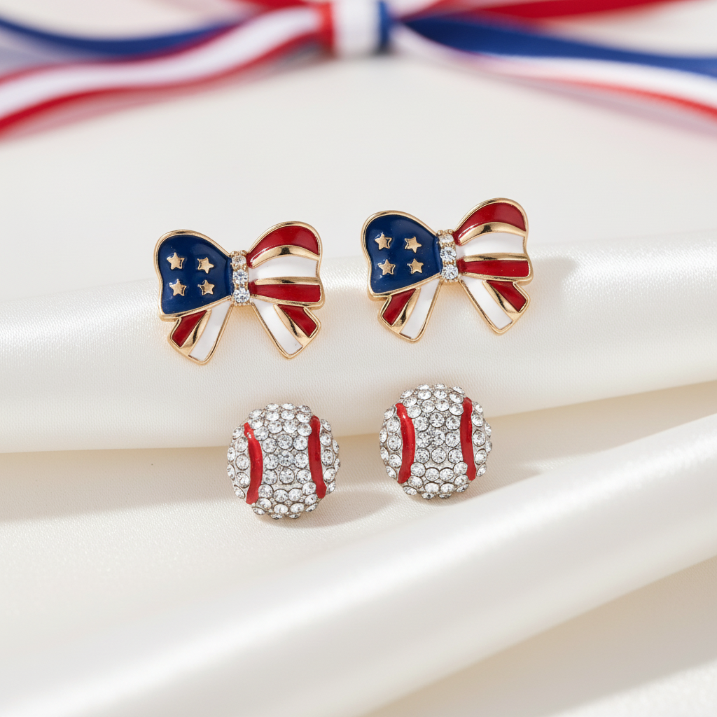 Patriotic Baseball & Flag Bow Earring Set on a white background