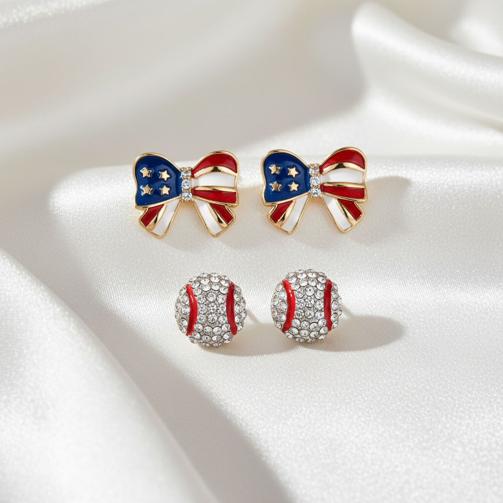 Patriotic Baseball & Flag Bow Earring Set on a white background