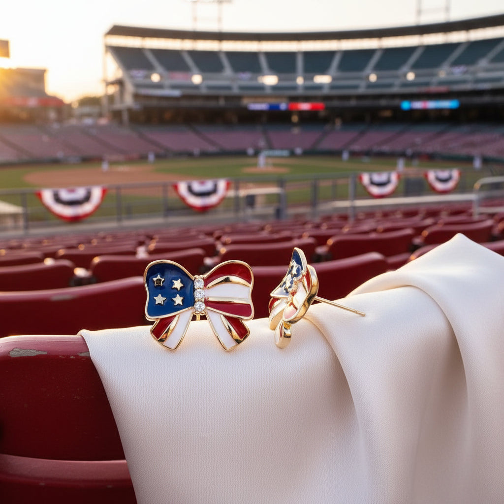 Patriotic Red White & Blue Bow Earrings in a baseball stadium