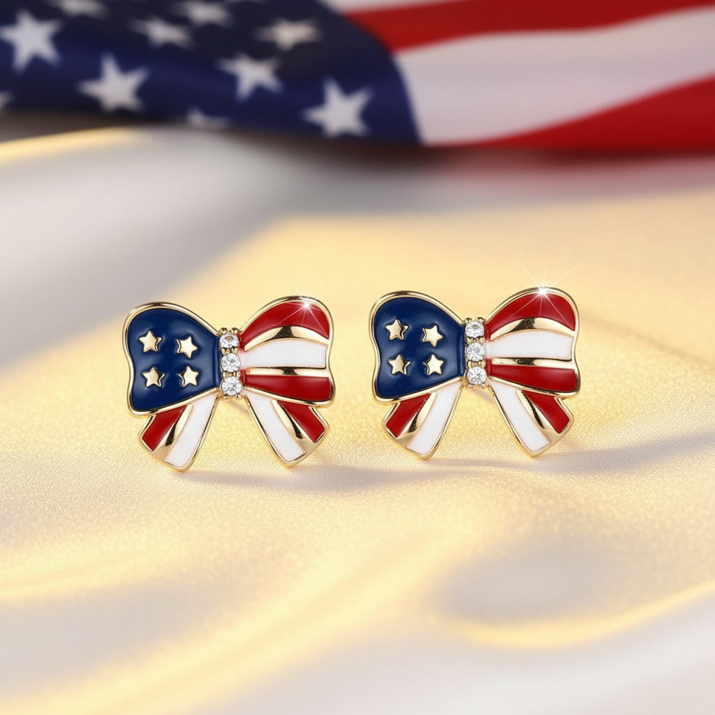 Patriotic Red White & Blue Bow Earrings with American Flag background