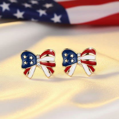 Patriotic Red White & Blue Bow Earrings with American Flag background