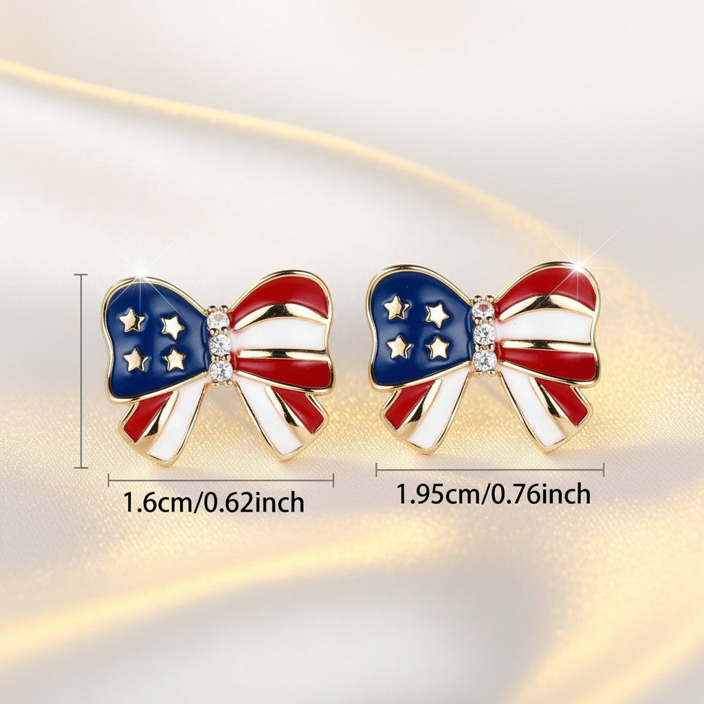 Patriotic Red White & Blue Bow Earrings with dimensions