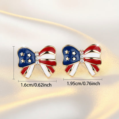 Patriotic Red White & Blue Bow Earrings with dimensions