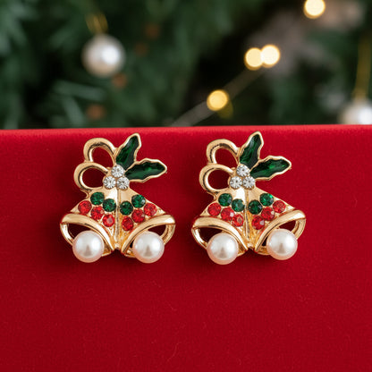Pavé Christmas Bell & Pearl Earrings on red