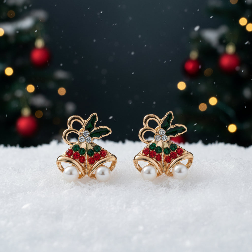 Pavé Christmas Bell & Pearl Earrings on snow