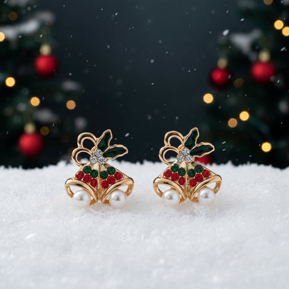 Pavé Christmas Bell & Pearl Earrings on snow
