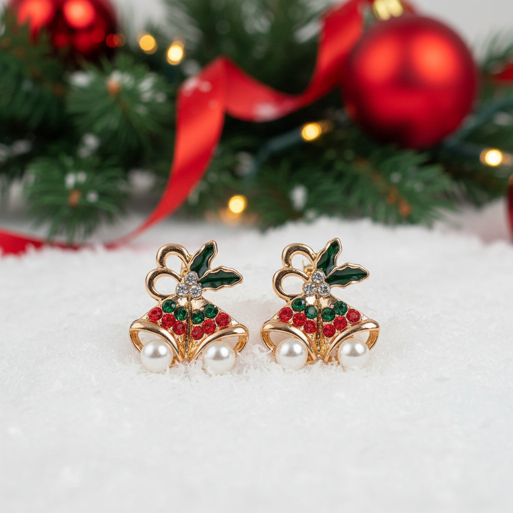 Pavé Christmas Bell & Pearl Earrings on snow 2