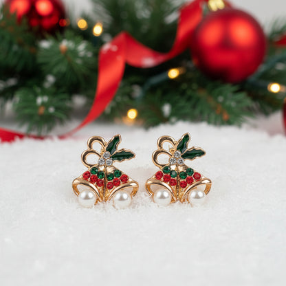 Pavé Christmas Bell & Pearl Earrings on snow 2