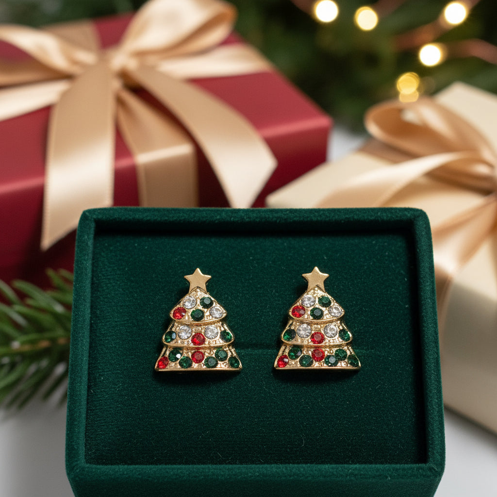 Pavé Christmas Tree Earrings on green box