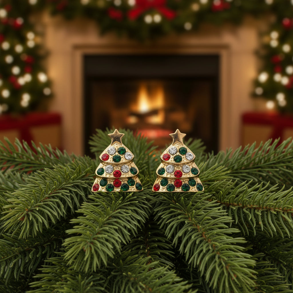Pavé Christmas Tree Earrings on pine boughs
