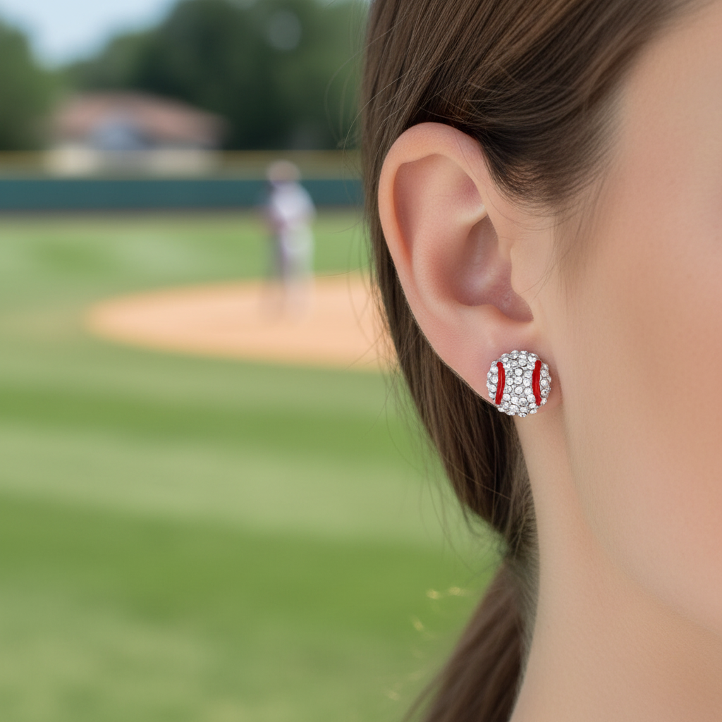 Woman wearing Pavé Crystal Baseball Earrings