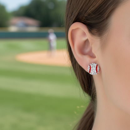Woman wearing Pavé Crystal Baseball Earrings