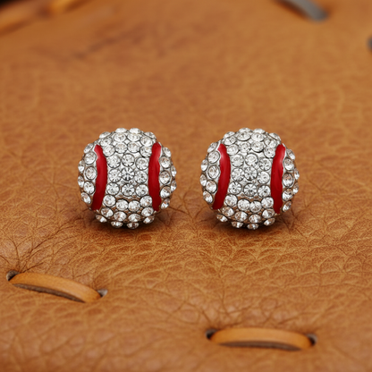 Pavé Crystal Baseball Earrings on baseball glove