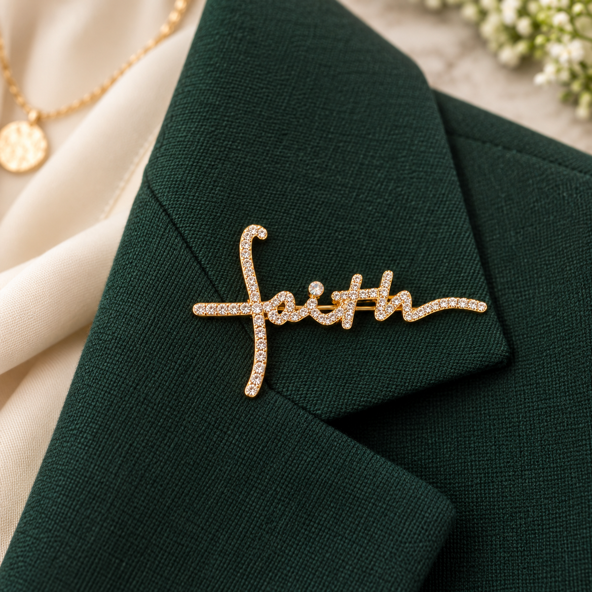 A gold-tone script pin spelling 'faith' set with small clear stones, displayed on a dark green blazer lapel with a cream satin fabric and a gold pendant necklace in the background.