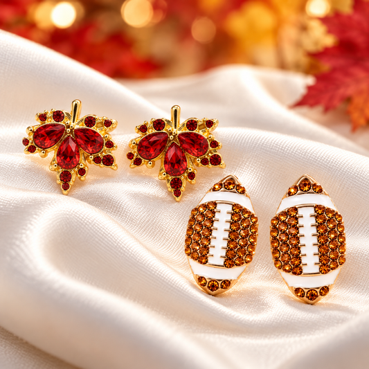 Pavé Football & Maple Leaf Earring Bundle on satin
