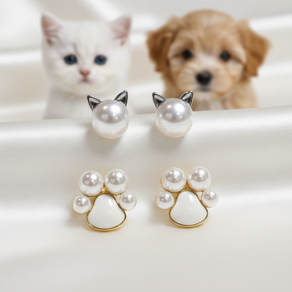 Pearl Cat & Paw Print Earrings Bundle on a white background with a kitten and a puppy