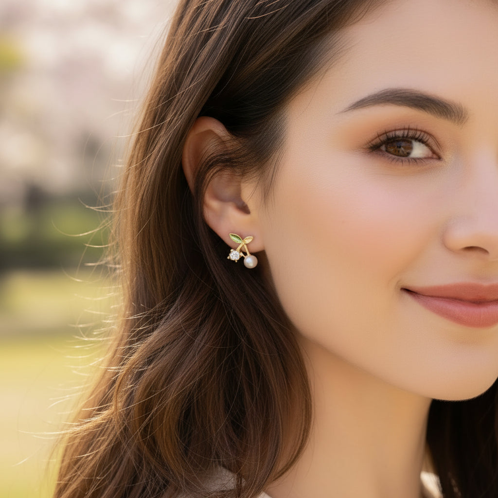 Close-up of a woman wearing Pearl Cherry Earrings