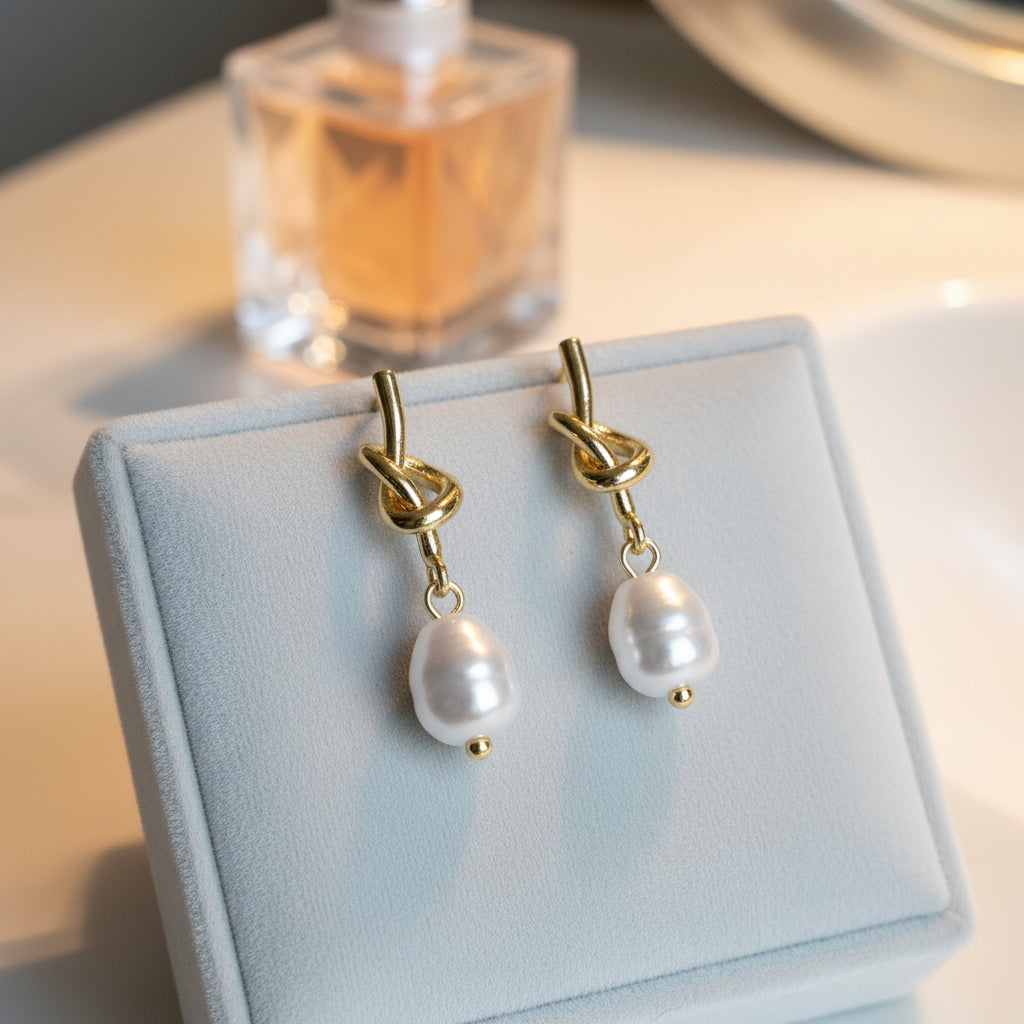 Pearl Knot Drop Earrings on light grey box
