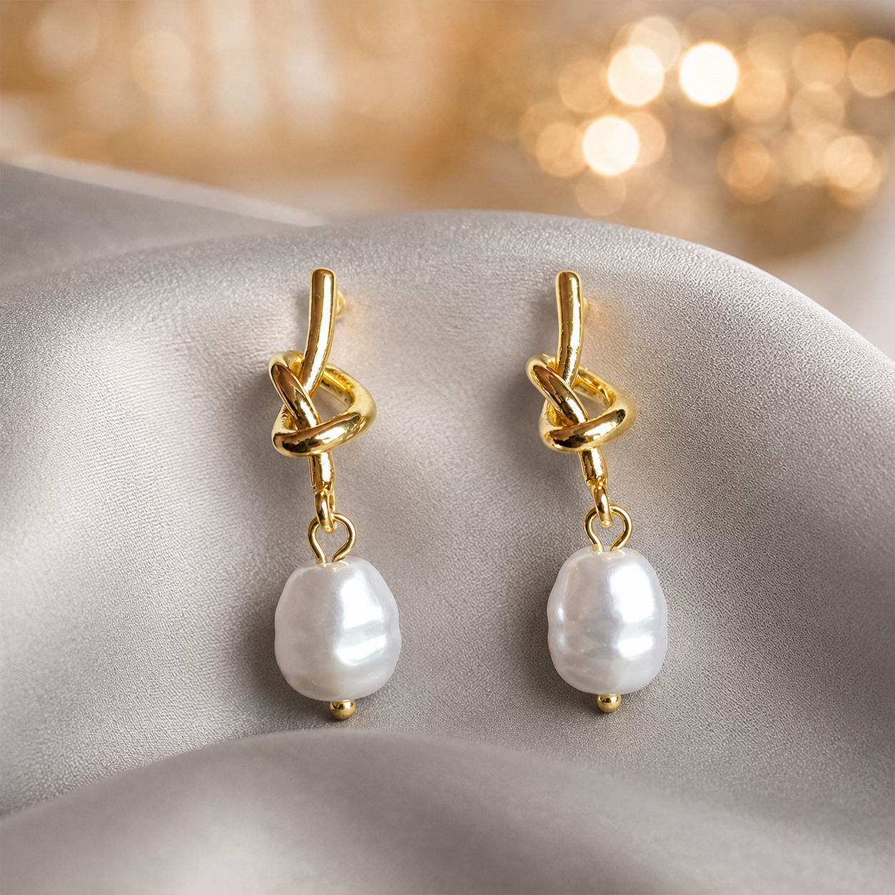 Pearl Knot Drop Earrings on light grey
