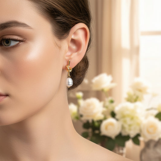 Woman wearing Pearl Knot Drop Earrings