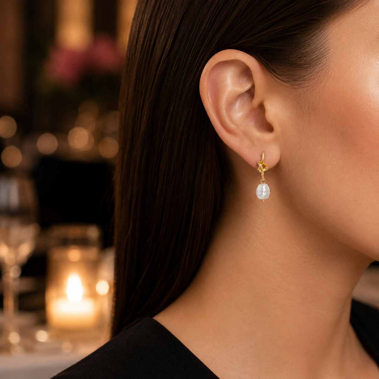 Woman wearing Pearl Knot Drop Earrings